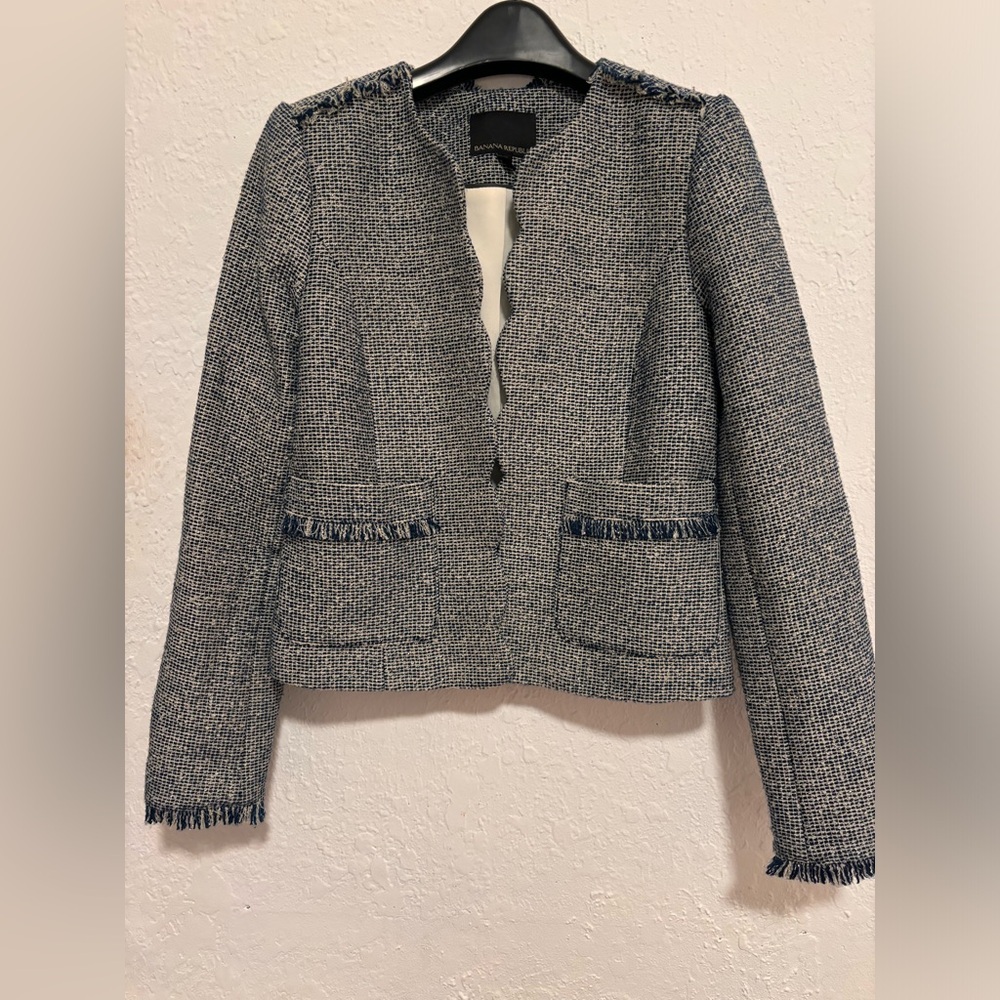 Banana Republic Blue Fringe Scallop Trim Suit Jacket Navy Tweed Blazer